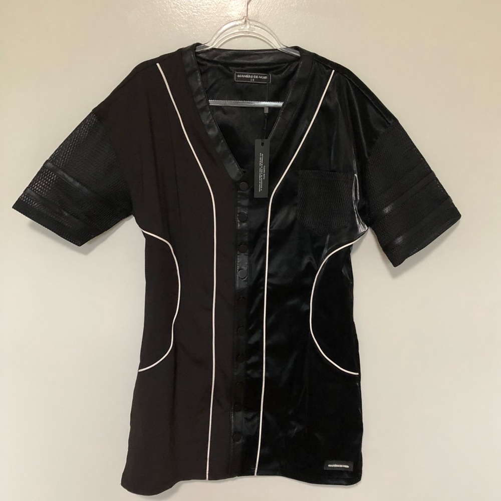 Maniere de Voir VEGAN LEATHER AND SATIN BASEBALL DRESS BLACK New 10